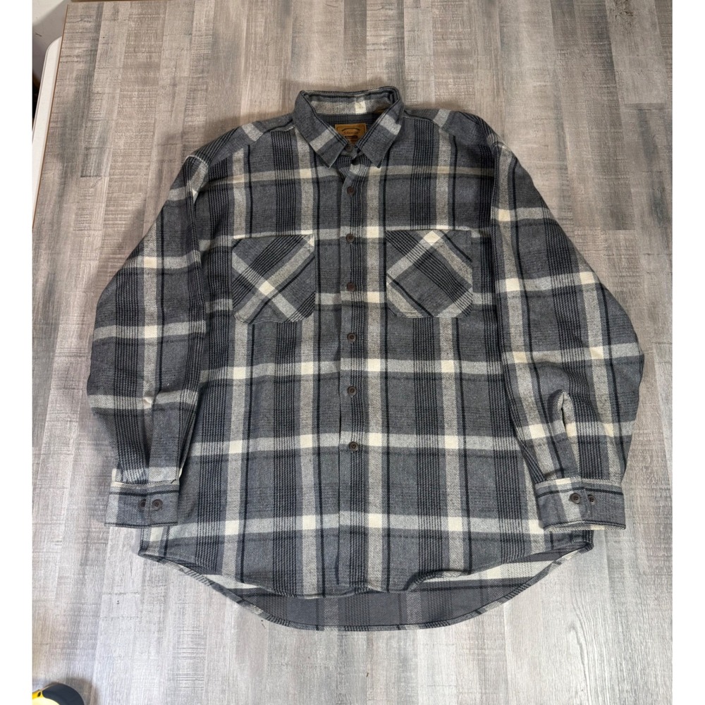 Vtg St Johns Bay Heavyweight Flannel Shirt Mens XL Gray Plaid Button Up EUC
